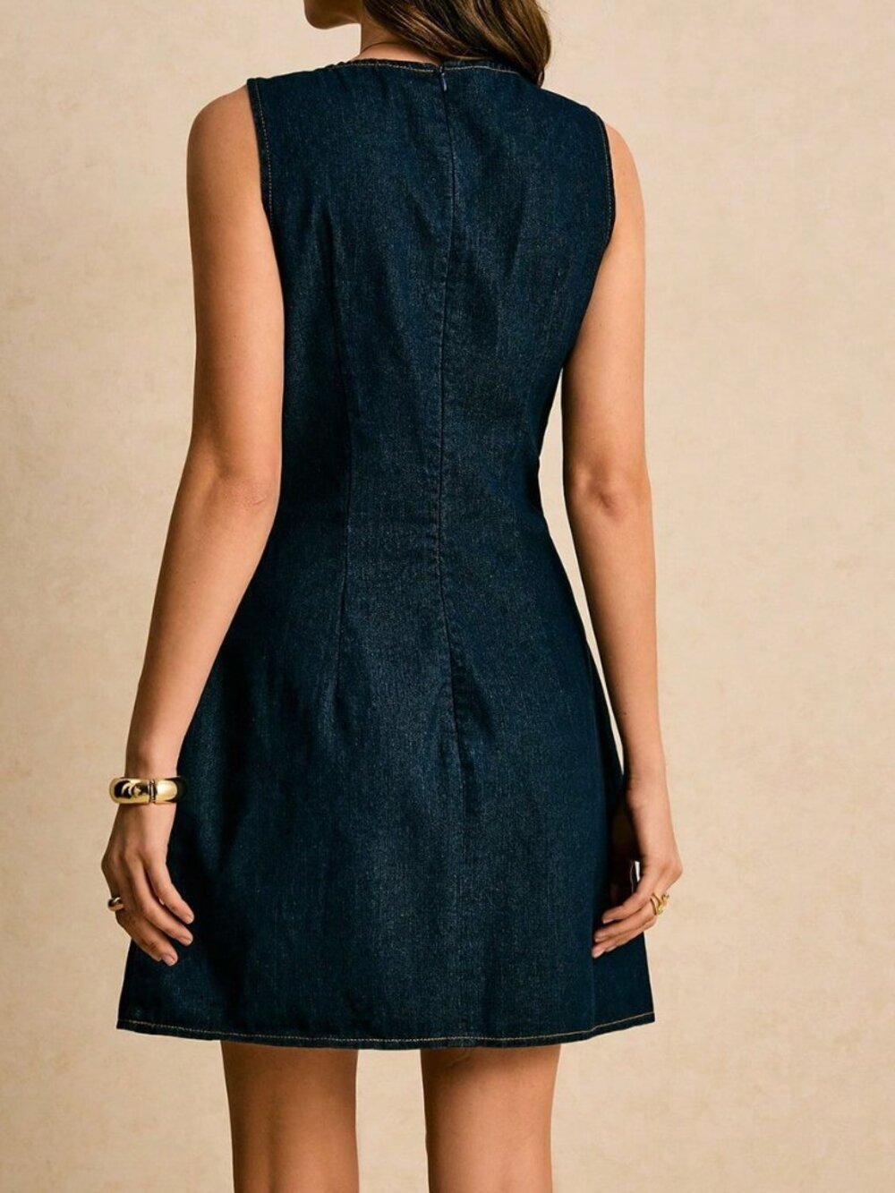 Dark Wash Casual Women's Sleeveless Button-Front Short Dress with Fitted Waist - Picture 3 of 8
